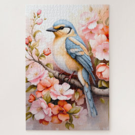 Söt färglös fågel på gren med blommor pussel