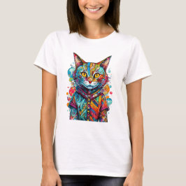 Söt Färgrik Abstrakt Katt Design T Shirt
