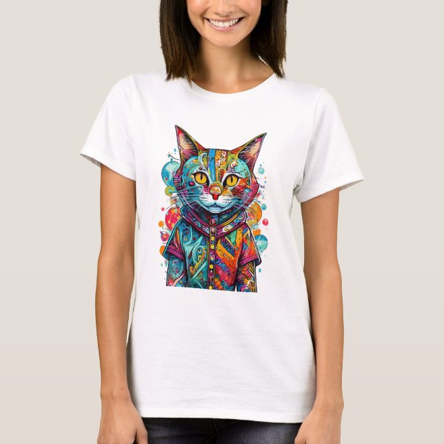 Söt Färgrik Abstrakt Katt Design T Shirt (Framsida)