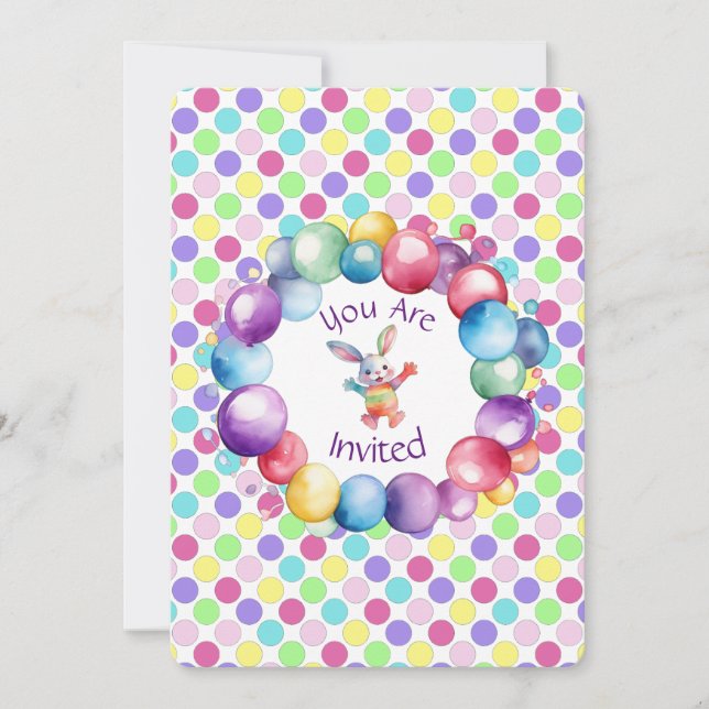 Söt färgrik akvarell kanin och prickar inbjudningar (Framsida)