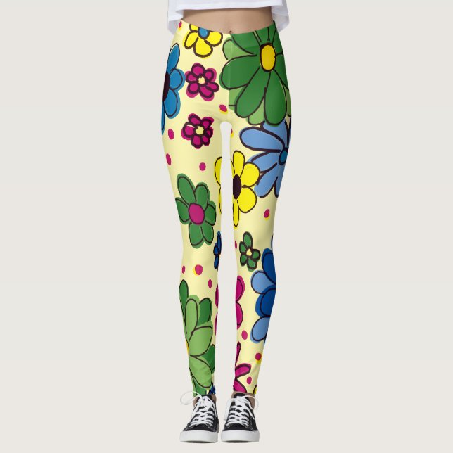 Söt färgrik blommig gul leggings (Framsida)