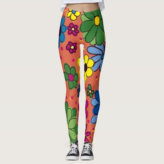 Söt färgrik blommig orange leggings (Framsida)