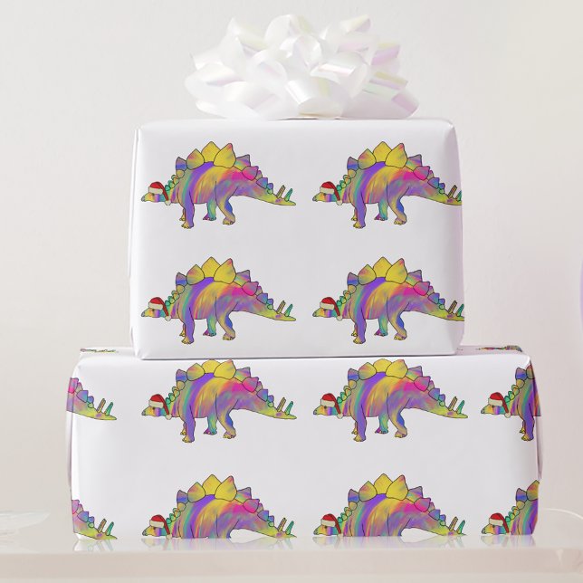 Söt Färgrik Dinosaurie Jul Presentpapper (Kids cute stegosaurus dinosaur christmas wrapping Colorful rainbow watercolor festive dino pattern)