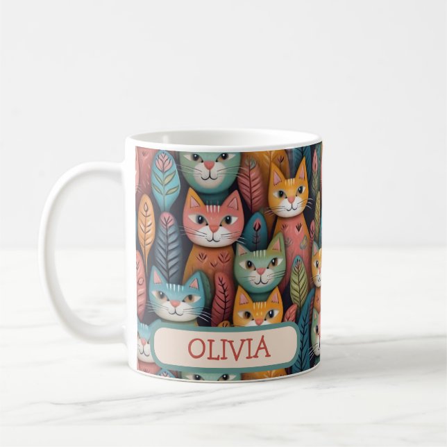 Söt färgrik fantasifull kattmönster kaffemugg (Vänster)