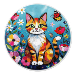 Söt Färgrik Folkkonst Katt och Blommor Knopp