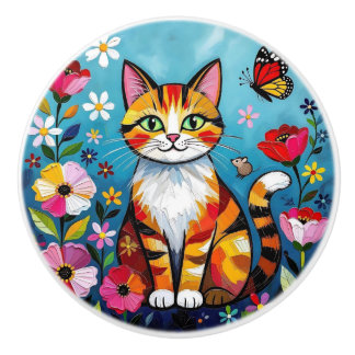 Söt Färgrik Folkkonst Katt och Blommor Knopp