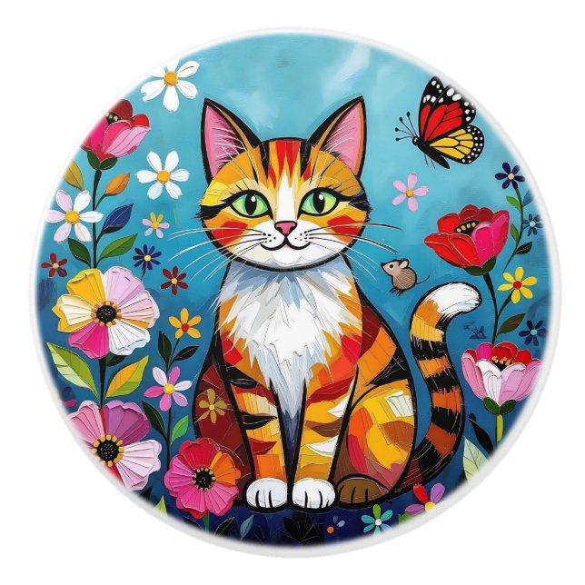 Söt Färgrik Folkkonst Katt och Blommor Knopp (Framsidan)