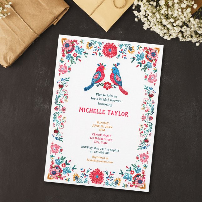 Söt Färgrik Folklig Mexikansk Blommig Bröllopsfest Inbjudningar (mexican themed floral folk art bridal shower invitation)