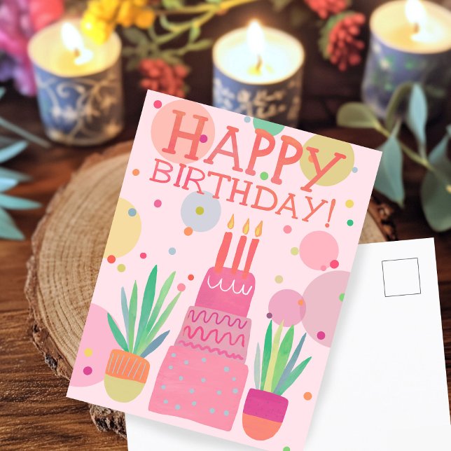 Söt Färgrik Glad Födelsedagstårta Rosa Djärv Pop Vykort (Cute Colorful Happy Birthday Cake Pink Bold Pop Postcard
)