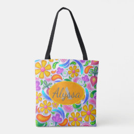 Söt färgrik gul och lila blomster monogram tygkasse