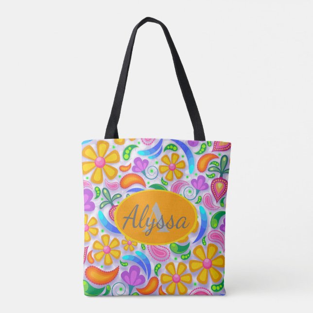 Söt färgrik gul och lila blomster monogram tygkasse (Baksida)