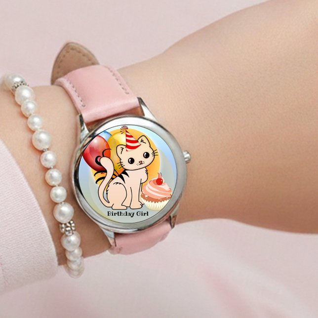 Söt Färgrik Katt Födelsedag  Armbandsur (Cute festive girly birthday watch featuring a kitten with balloons and a cupcake)