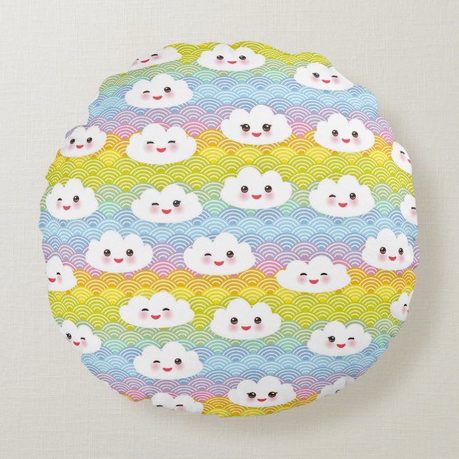 Söt Färgrik Kawaii Emoji Moln Mönster Rund Kudde (Framsidan)