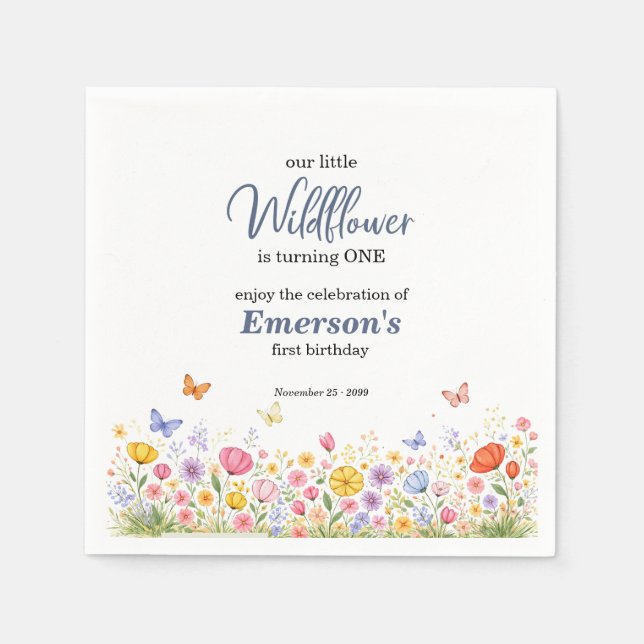 Söt Färgrik Liten Vildblomma 1-års Födelsedagsfest Pappersservett (Framsidan)
