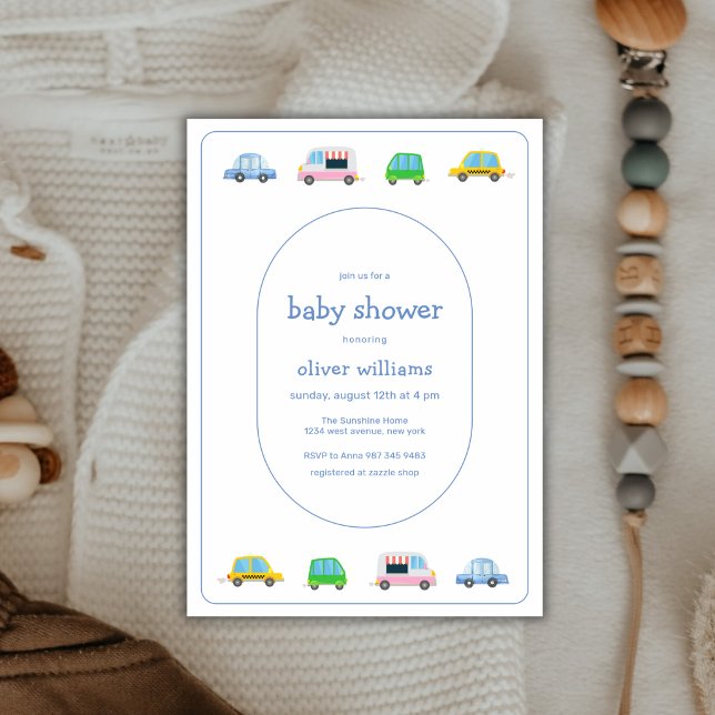 Söt Färgrik modern Fordons Baby Shower Inbjudningar (Cute Colorful modern Vehicle Baby Shower Invitation)