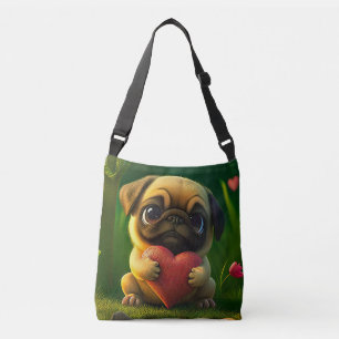 Söt Färgrik Pug Hund Valp som Håller ett Hjärta   Axelväska