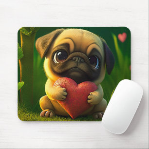 Söt Färgrik Pug Hund Valp som Håller ett Hjärta Musmatta