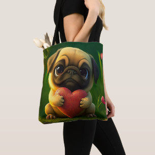 Söt Färgrik Pug Hund Valp som Håller ett Hjärta Tygkasse