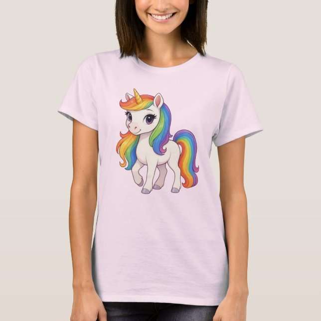 Söt, färgrik regnbågsenhörning  t shirt (Framsida)