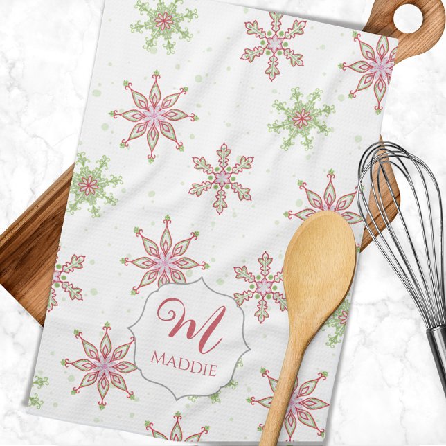 Söt Färgrik Snöflinga Monogram Jul Högtid Kökshandduk (Monogrammed Christmas kitchen towel.)