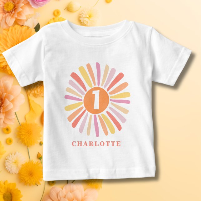 Söt Färgrik Solsken 1-års Födelsedagspersonlig T Shirt (Cute Colorful Sunshine 1st Birthday Personalized Baby T-Shirt)