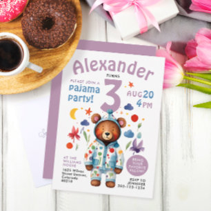 Söt Färgrik Tjej Björn Pyjamas Bday Akvarell Inbjudningar