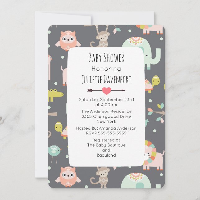 Söt Färgrik Vilda Djur Baby Shower Inbjudan (Framsida)