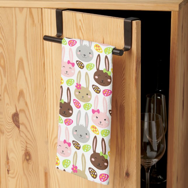 Söt Färgstark Kanin & Ägg Påskbrunch Kökshandduk (Thirds Fold)