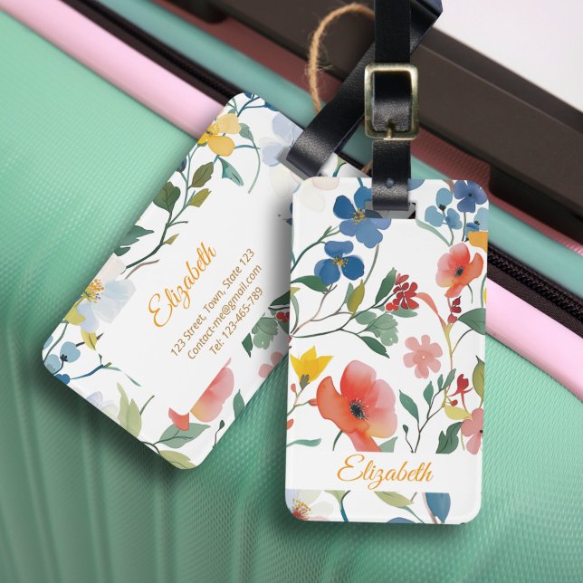 Söt Färgvattenfärgsblomma Anpassa Bagagebricka (The pretty flower in watercolor hand-drawn style print on custom luggage tag for beautiful lady.)