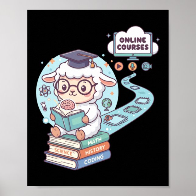 Söt fårkaraktär som lär sig onlinekurser poster (Framsidan)