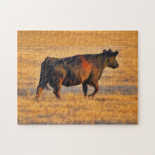 Söt Farm Art Angus Cow vid Sunset Puzzle Pussel (Horisontell)