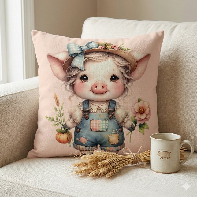 Söt Farmcore-Gris i Overall med Blommor Kudde (Cute Farmcore Pig in Overalls with Flowers Throw Pillow Mockup A)