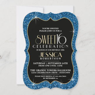 Söt Faux Blue Glitter Sweet 16 Party Inbjudningar