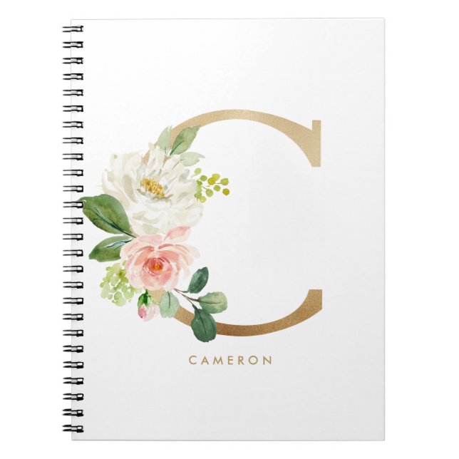 Söt Faux Gold Foil Blommigt Brev C Monogram Anteckningsbok (Framsidan)