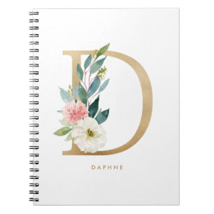 Söt Faux Gold Foil Blommigt Brev D Monogram Anteckningsbok