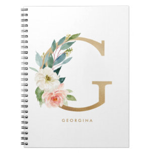 Söt Faux Gold Foil Blommigt Brev G Monogram Anteckningsbok