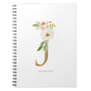 Söt Faux Gold Foil Blommigt Brev J Monogram Anteckningsbok
