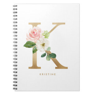 Söt Faux Gold Foil Blommigt Brev K Monogram Anteckningsbok