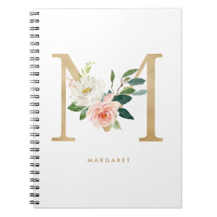 Söt Faux Gold Foil Blommigt Brev M Monogram Anteckningsbok