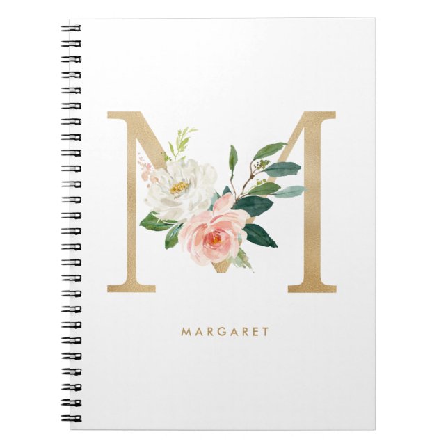 Söt Faux Gold Foil Blommigt Brev M Monogram Anteckningsbok (Framsidan)