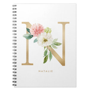 Söt Faux Gold Foil Blommigt Brev N Monogram Anteckningsbok