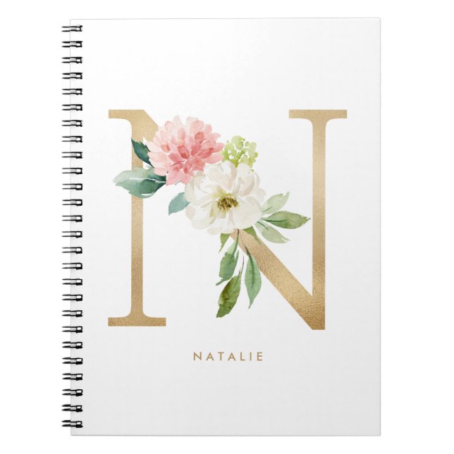Söt Faux Gold Foil Blommigt Brev N Monogram Anteckningsbok (Framsidan)