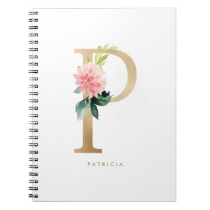 Söt Faux Gold Foil Blommigt Brev P Monogram Anteckningsbok