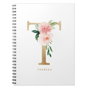 Söt Faux Gold Foil Blommigt Brev T Monogram Anteckningsbok