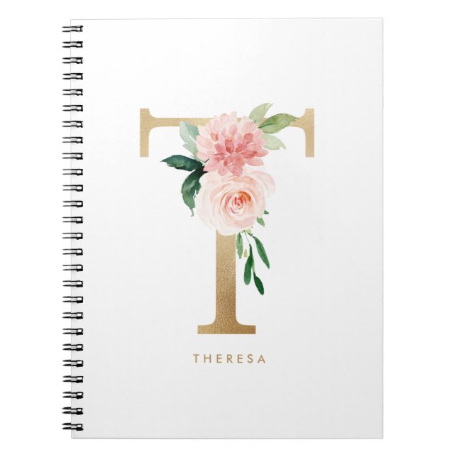 Söt Faux Gold Foil Blommigt Brev T Monogram Anteckningsbok (Framsidan)