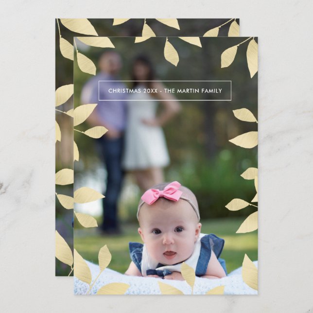 Söt Faux Guld Löv julfoto Julkort (Fram/baksida)