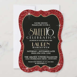 Söt Faux Red Glitter Sweet 16-partsinbjudningar Inbjudningar