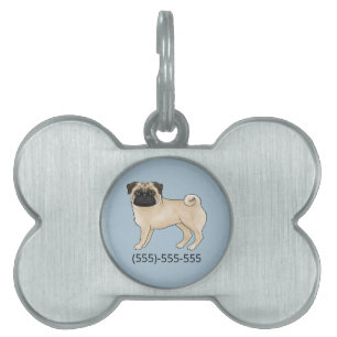 Söt Fawn Pug Hund Med Telefonnummer ID-bricka Husdjur