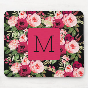 Söt feminin monogram svart och rosa blommigt musmatta