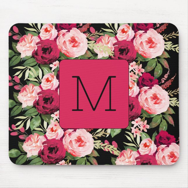 Söt feminin monogram svart och rosa blommigt musmatta (Framsidan)